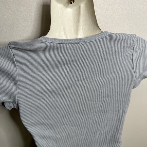 Brandy Melville | Light Dusty Blue Ribbed Button Short Sleeve Crop Shirt OS - Picture 7 of 13
